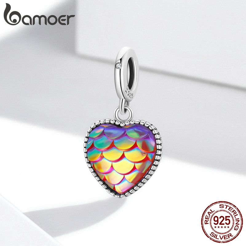 Hạt phụ kiện Bamoer Scc2007 bằng bạc 925 họa tiết trái tim và vảy cá dùng để tự làm vòng đeo tay và dây chuyền 4.5mm
