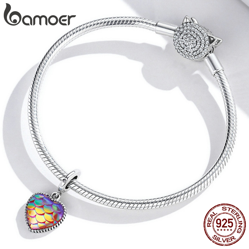 Hạt phụ kiện Bamoer Scc2007 bằng bạc 925 họa tiết trái tim và vảy cá dùng để tự làm vòng đeo tay và dây chuyền 4.5mm