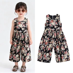 9M-5Y Trẻ Em Bé Gái Mùa Hè Dây Kéo Lưng Áo liền quần, Chân Rộng Họa Tiết Hoa Cổ Tròn Không Tay Một Mảnh Quần Áo Dài Rời