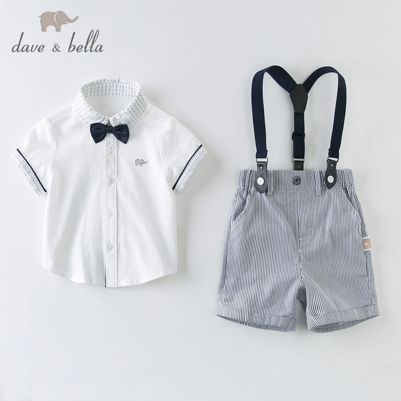 Dave Bella 18M-7Y Bé trai áo hè bộ đồ tay Bộ jumpsuit trắng bằng cotton với nơ Áo polo DB13370