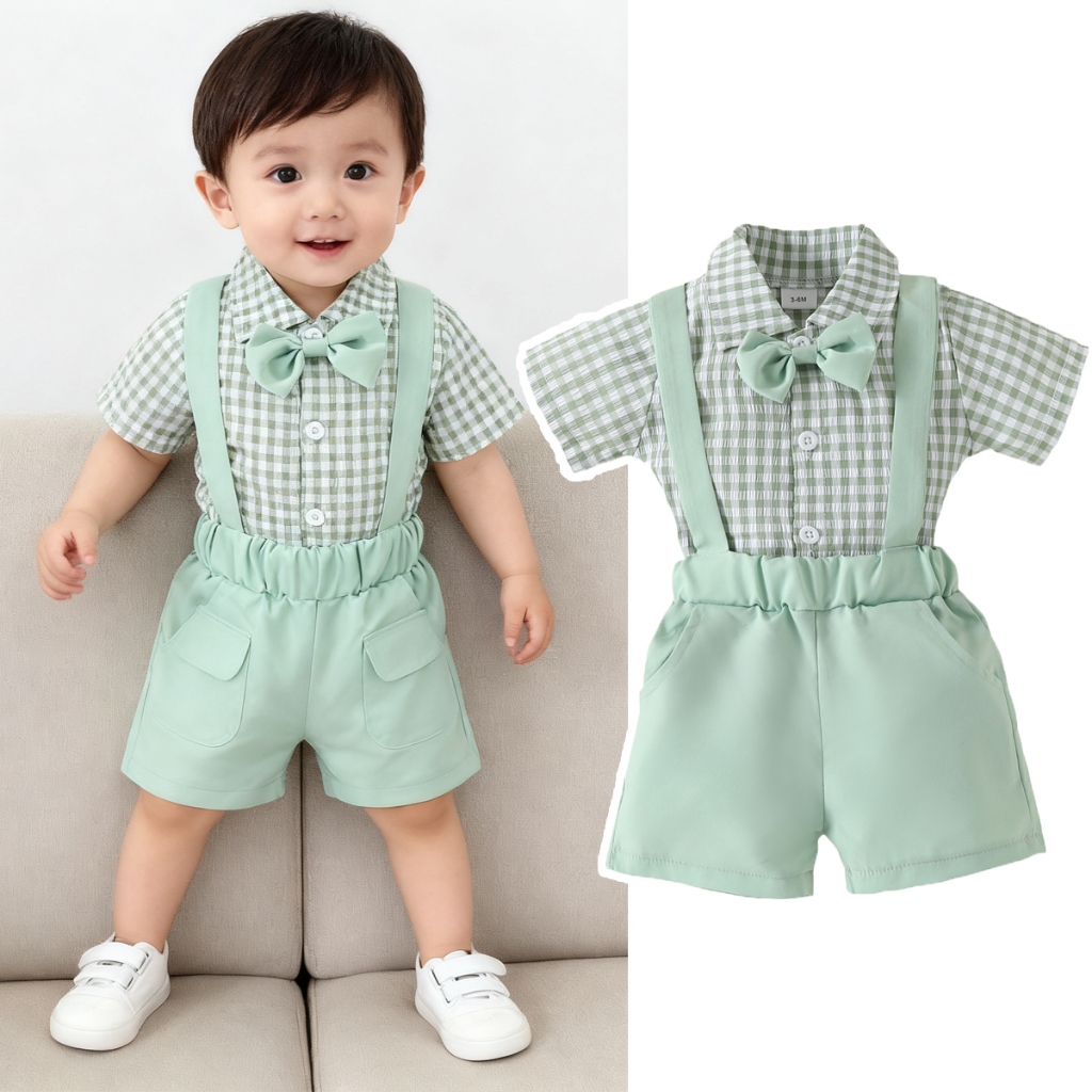 Bộ áo liền quần ngắn tay kẻ sọc sọc và quần Short treo co giãn thông thường