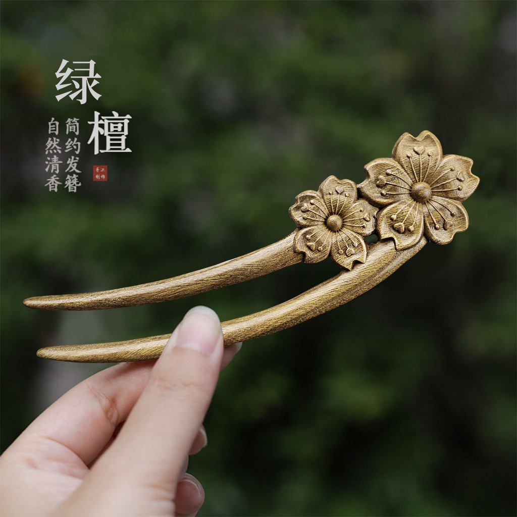 Kẹp Tóc Gỗ Đàn Hương Xanh Cổ Điển Hình Chữ U Đôi - Cuốn Tóc Đẹp Cho Hàng Ngày