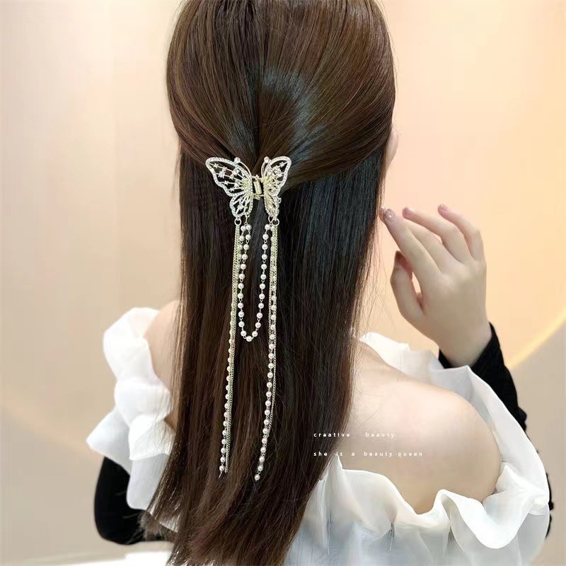 Kẹp Tóc Kim Loại Nơ Tua Rua - Phong Cách Mới, Thích Hợp Cho Duoi Ngua Va Mat Day Chen dau sau