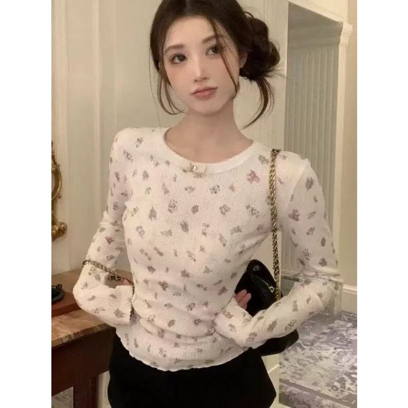 [BANKO] Áo thun dáng slim-fit phong cách Hàn Quốc, họa tiết hoa và nơ trắng, phù hợp mùa thu