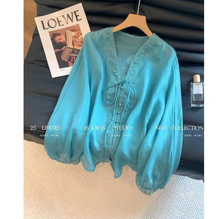 Áo sơmi tay dài nữ, cổ chữ V thêu ren, style Hàn Quốc