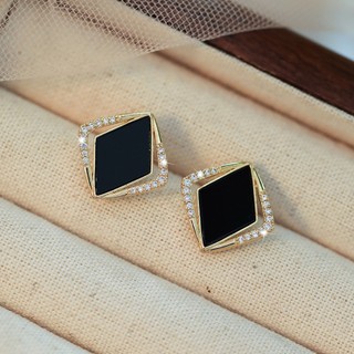 Bông Tai Kim Cương Đen Vuông Phong Cách Retro Đơn Giản