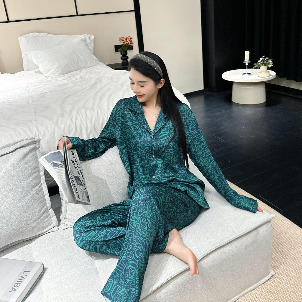 TEEFENG Đồ Ngủ Nữ Lụa Cao CấpPhong Cách Sang Trọng In Hình Tay Dài Mùa Thu Mặc Nhà