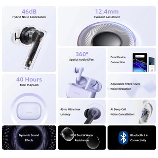 Tai nghe Realme Buds T310 Bluetooth không dây 5.4 46dB Hybrid Noise Cancellation40H Pin Tai nghe cho Realme OPPO