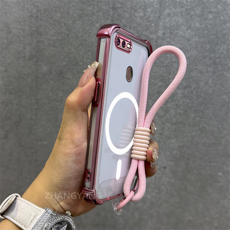 Ốp Lưng Cho OPPO A5S A12 A7 F9 Mạ Điện Chống Rơi Vỏ Điện Thoại Thẩm Mỹ Mới Vòng Hút Từ Tính Thiết Kế Mới Vỏ Mềm Miễn Phí Dây