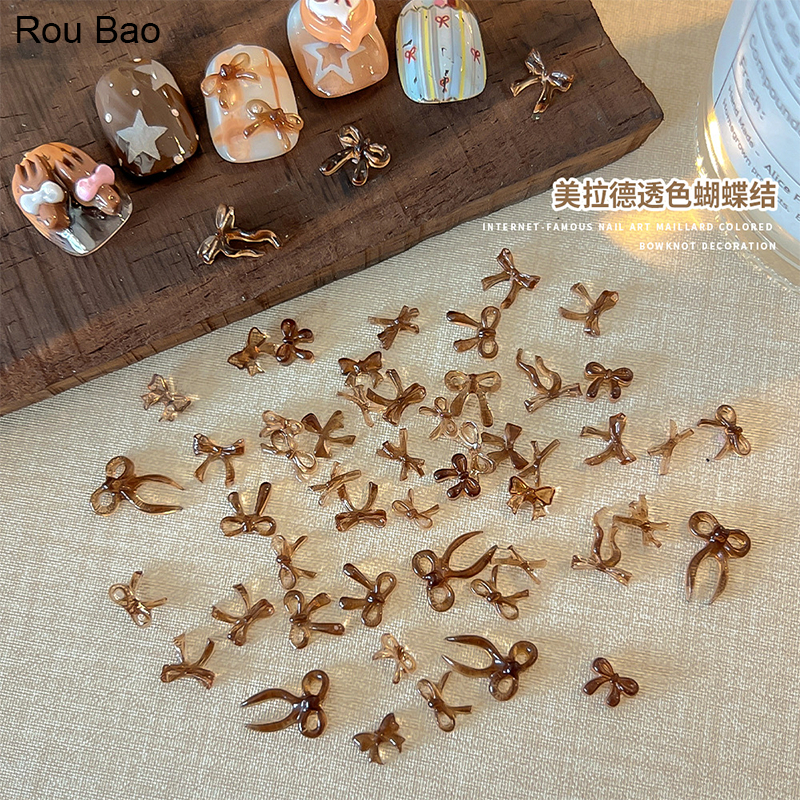 Rou Bao 50 Chiếc Móng Tay Trong Suốt Maillard Nâu Nơ Nữ Tính 3D Nhựa Móng Tay Nghệ Thuật DIY Quyến Rũ Trang Trí