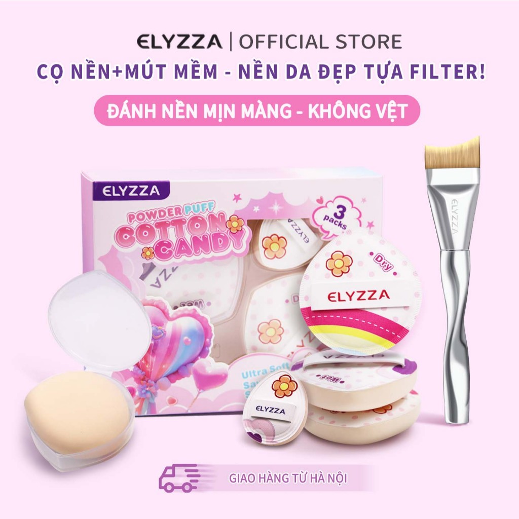 [Hà Nội] Bông Phấn Cotton Candy ELYZZA Mềm Mại Và Thân Thiện Với Da, Có Thể Sử Dụng Cả Khô Và Ướt, Kèm Theo Một Bông Phấn Nhỏ, Cọ Đánh Nền+Mút Đánh Nền(3 PCS) Giúp Trang Điểm Tinh Tế