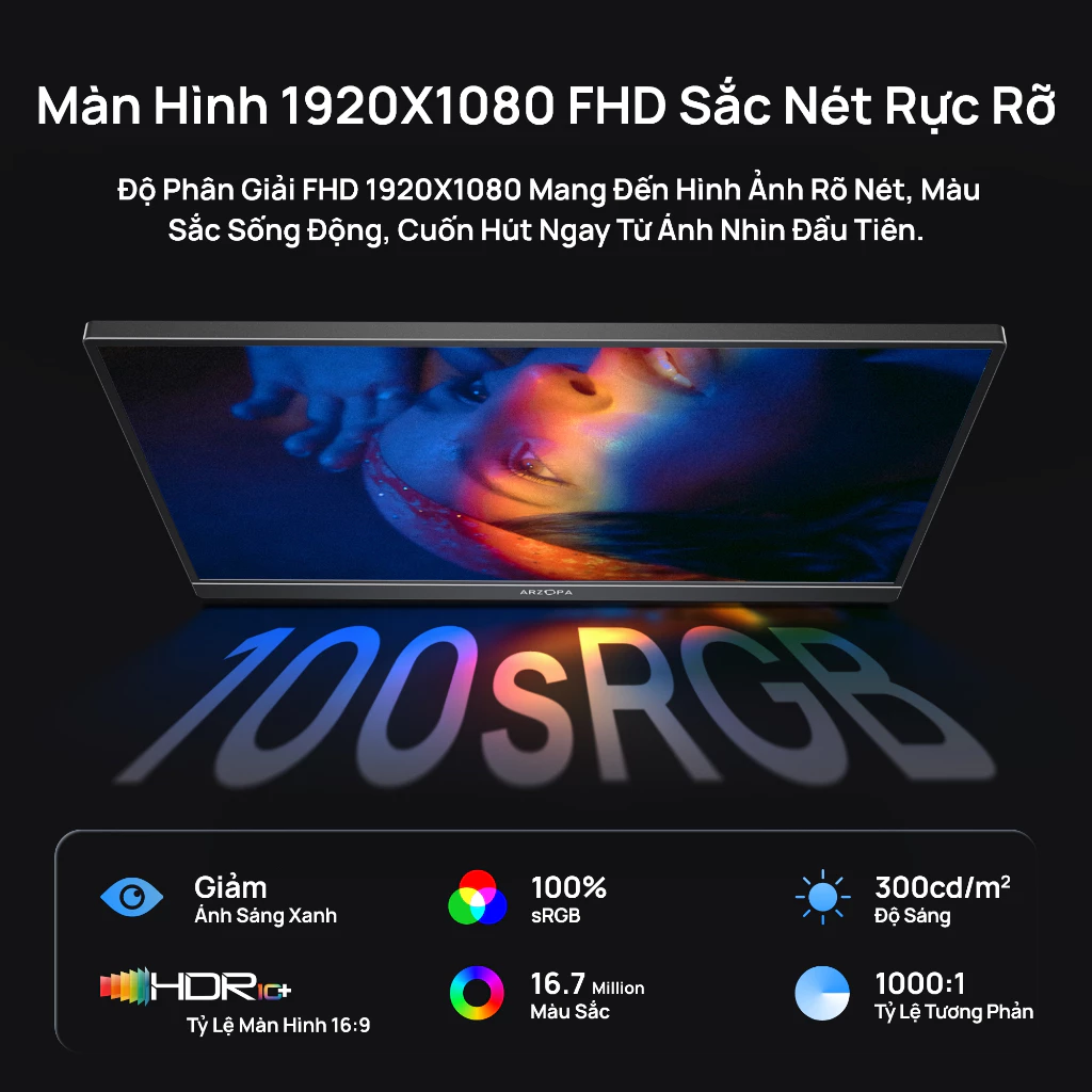 Arzopa Z1C - Màn hình di động chân đế sRGB 16.1 ", FHD 1080P với màn hình USB C HDMI Màn hình mở rộng cho PC, Mac, Laptop, Switch, Xbox, PS4/ 5