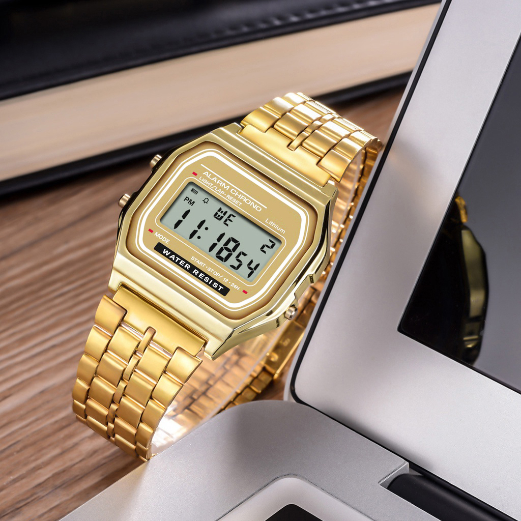 Unisex Vàng Bạc Thép LED Kỹ Thuật Số Nam Nữ Đồng Hồ Thể Thao Chống Thấm Nước Đồng Hồ Kỹ Thuật Số Đồng Hồ Thép Không Gỉ