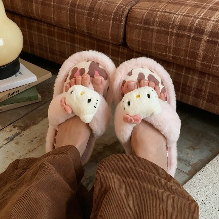 XIXITIAO Dép Cotton Đế Mềm Độc Đáo Da Báo In Mèo Con Nữ Thu Đông Nhà Mặc Ngoài Trời