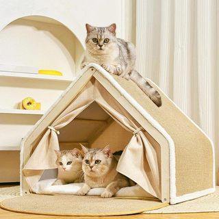 Nhà Mèo, 360° Giường bán kín ấm áp có bóng treo, khung gỗ nguyên khối & gai dầu chống trầy xước, lều nhà mèo có miếng chống trầy xước