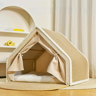 Nhà Mèo, 360° Giường bán kín ấm áp có bóng treo, khung gỗ nguyên khối & gai dầu chống trầy xước, lều nhà mèo có miếng chống trầy xước