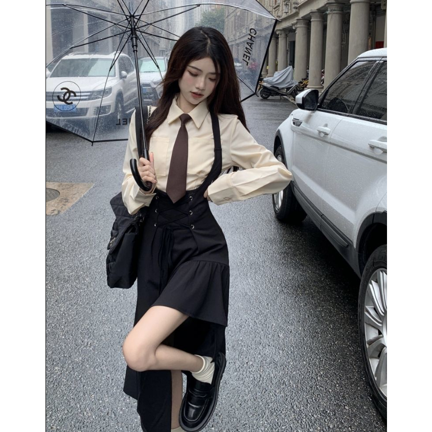 Phù Hợp Với Áo Sơ Mi Váy Thu Đông 4 Nữ.Dress Cool Niche Sa Thiết Kế Cảm Giác Chiên Phố Dây Eo hẹp