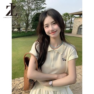 ZHELIHANGFEI Áo thun ngắn tay cổ polo dệt kim phong cách Hàn Quốc mùa hè thời trang đại học đơn giản cho phụ nữ
