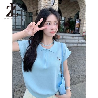 ZHELIHANGFEI Áo thun ngắn tay cổ polo dệt kim phong cách Hàn Quốc mùa hè thời trang đại học đơn giản cho phụ nữ