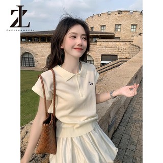 ZHELIHANGFEI Áo thun ngắn tay cổ polo dệt kim phong cách Hàn Quốc mùa hè thời trang đại học đơn giản cho phụ nữ