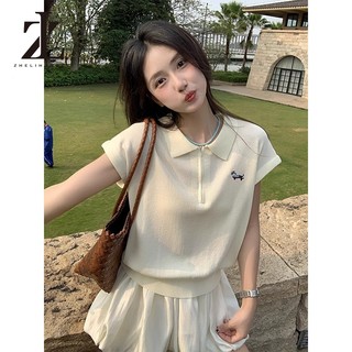 ZHELIHANGFEI Áo thun ngắn tay cổ polo dệt kim phong cách Hàn Quốc mùa hè thời trang đại học đơn giản cho phụ nữ