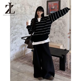 ZHELIHANGFEI Áo len sọc dài tay cổ chữ V phong cách Hàn Quốc