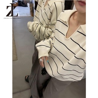 ZHELIHANGFEI Áo len sọc dài tay cổ chữ V phong cách Hàn Quốc