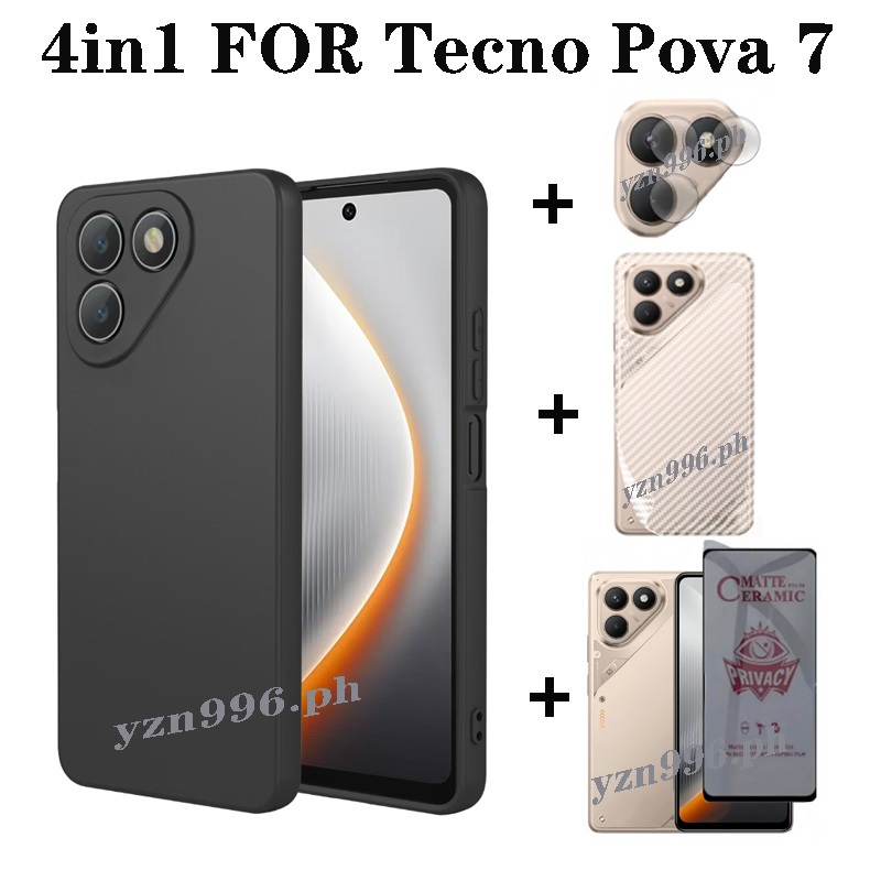 Ốp điện thoại mềm 4in1 cho silicon Tecno Pova 7 Pova 6 / 6pro / 5pro 5 4pro Vỏ điện thoại chống sốc mờ và bảo vệ màn hình riêng tư và Phim ống kính và phim mặt sau