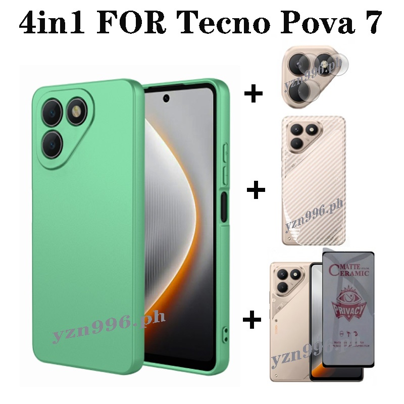 Ốp điện thoại mềm 4in1 cho silicon Tecno Pova 7 Pova 6 / 6pro / 5pro 5 4pro Vỏ điện thoại chống sốc mờ và bảo vệ màn hình riêng tư và Phim ống kính và phim mặt sau