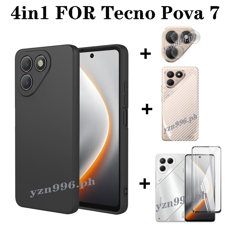 4in1 cho Vỏ mềm silicon Tecno Pova 7 Pova 6 / 6pro / 5pro 5 4pro Ốp điện thoại chống sốc mờ và bảo vệ màn hình kính cường lực và phim ống kính và phim mặt sau