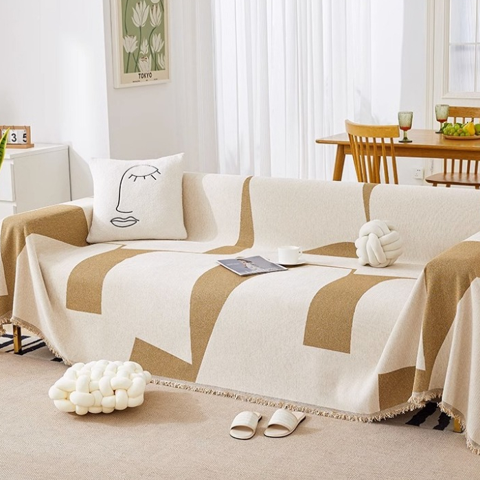 Chăn sofa Chenille vuông hình học hiện đại mới, Đệm sofa đa năng chống trượt, Vỏ bọc ghế sofa hình chữ L có thể giặt được cho phòng khách