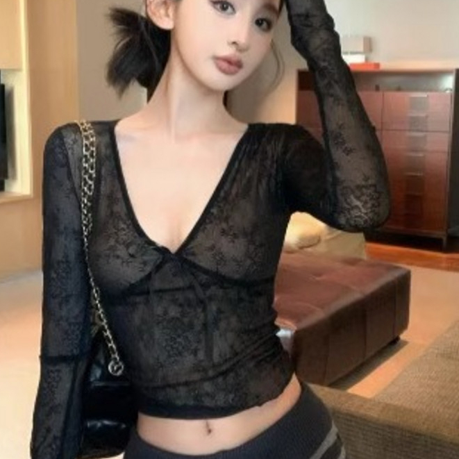 Nơ Cổ Chữ V Áo Thun Dài Tay Nữ Ren Ngắn