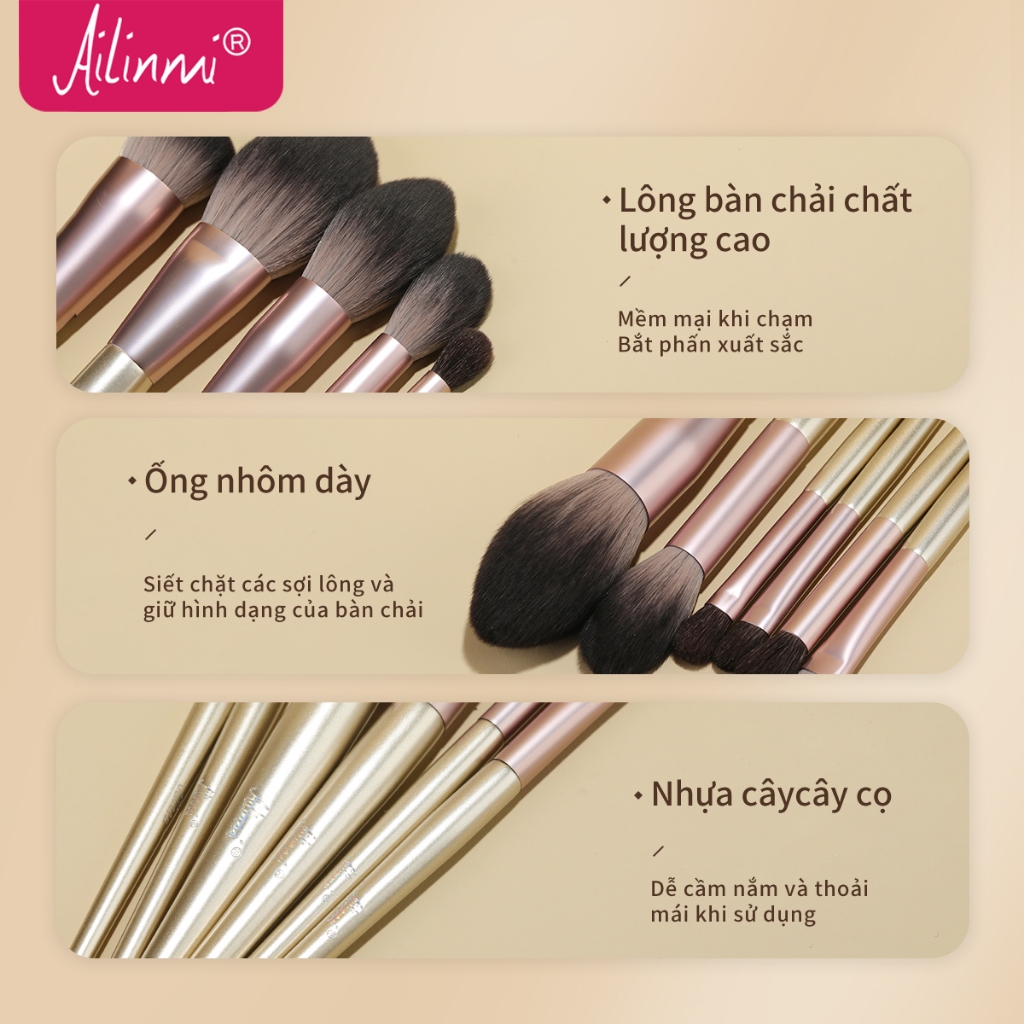 Bàn chải trang điểm Ailinmi, Bộ 12 cọ trang điểm tóc bằng sợi tinh tế, đầy đủ lông mềm, thích hợp cho mọi làn da