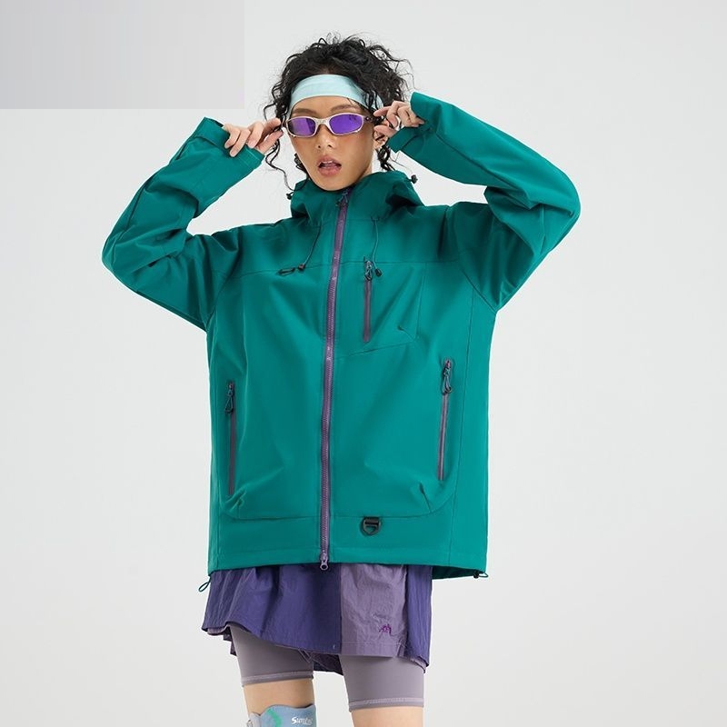 Áo Khoác Leo Núi Unisex Chống Nước Chống Gió Thoáng Khí Vải Composite Dáng Suông Vai Rơi Có Mũ Điều Chỉnh Nhiều Túi Khóa Kéo 4 Màu Hồng Xanh Lá Cam Xanh Nhạt Phong Cách Núi Ngoài Trời Cắm Trại