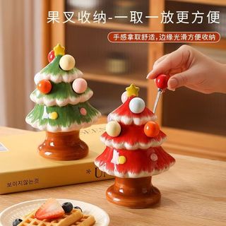 [Hình cây thông Noel] Bộ nĩa trái cây, nĩa tráng miệng bằng thép không gỉ gia đình có lọ đựng đồ!