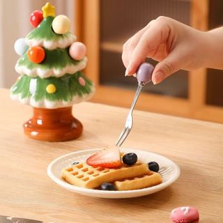 [Hình cây thông Noel] Bộ nĩa trái cây, nĩa tráng miệng bằng thép không gỉ gia đình có lọ đựng đồ!