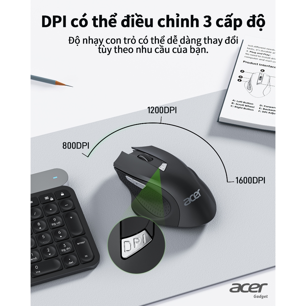 Acer Chuột không dây cuộn siêu nhanh Chuột máy tính 2.4GHz Công thái học không dây với 6 nút bấm 3 cấp độ DPI chỉnh Đầu thu USB-A chuột gaming không dâ thích hợp cho máy tính / Mac / Linux / Laptop M04