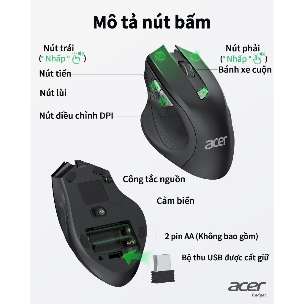 Acer Chuột không dây cuộn siêu nhanh Chuột máy tính 2.4GHz Công thái học không dây với 6 nút bấm 3 cấp độ DPI chỉnh Đầu thu USB-A chuột gaming không dâ thích hợp cho máy tính / Mac / Linux / Laptop M04