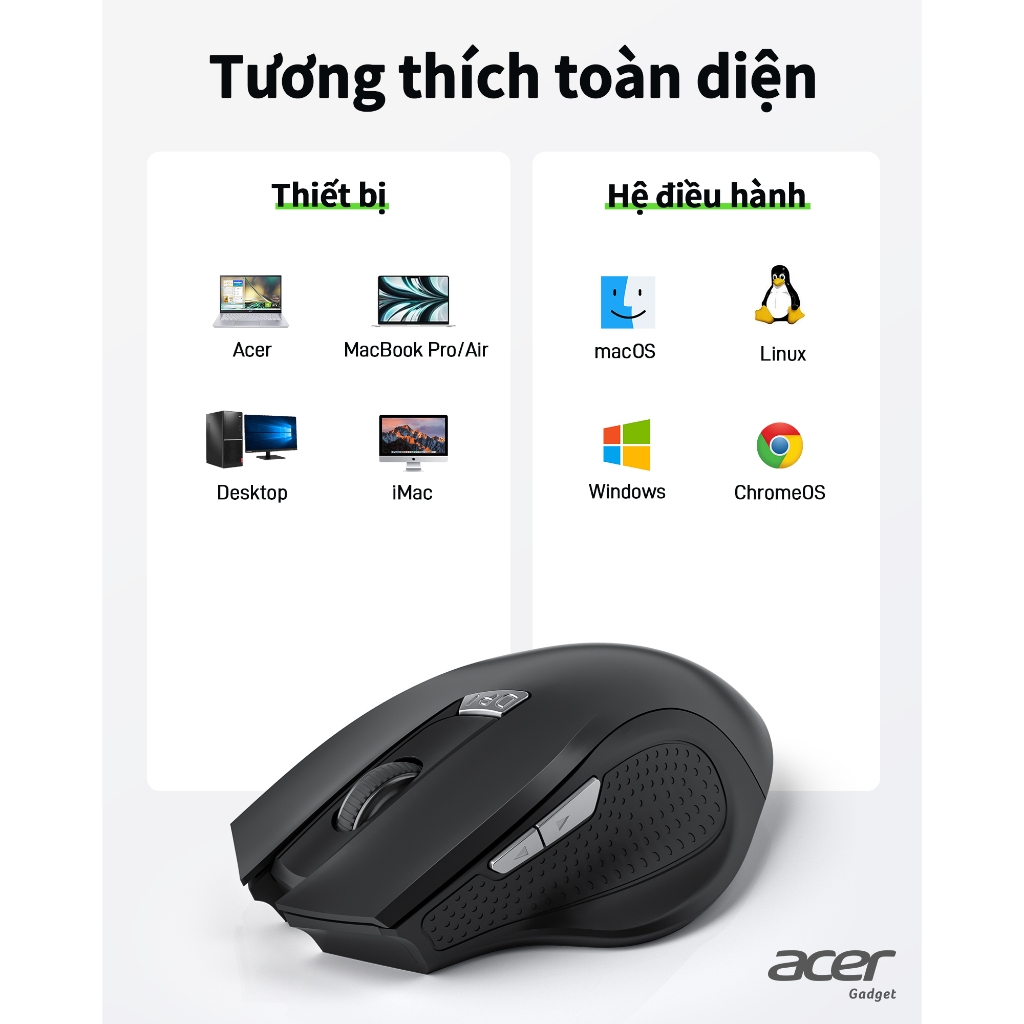 Acer Chuột không dây cuộn siêu nhanh Chuột máy tính 2.4GHz Công thái học không dây với 6 nút bấm 3 cấp độ DPI chỉnh Đầu thu USB-A chuột gaming không dâ thích hợp cho máy tính / Mac / Linux / Laptop M04 | BigBuy360 - bigbuy360.vn