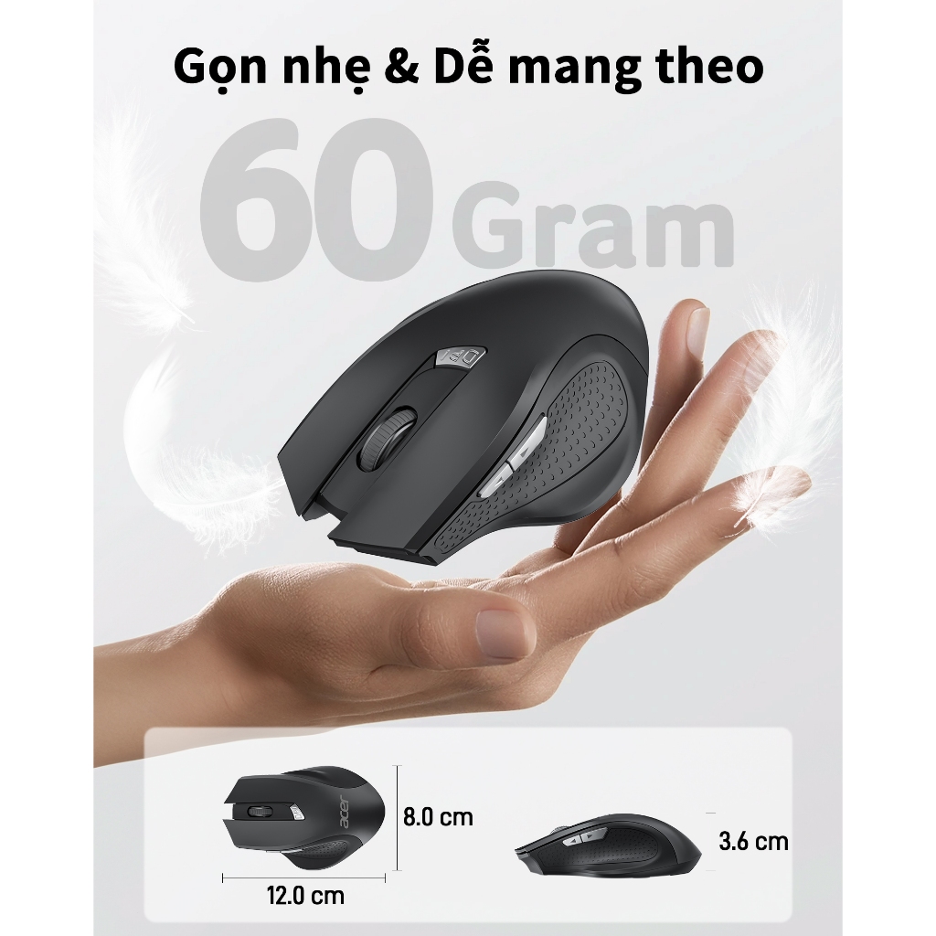Acer Chuột không dây cuộn siêu nhanh Chuột máy tính 2.4GHz Công thái học không dây với 6 nút bấm 3 cấp độ DPI chỉnh Đầu thu USB-A chuột gaming không dâ thích hợp cho máy tính / Mac / Linux / Laptop M04