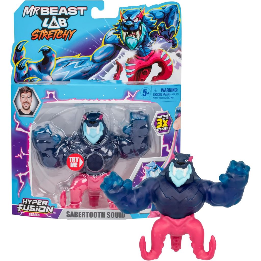 MRBEAST LAB - Hyper Fusion Co Giãn Hero, Sabretooth Squid, 5 Inch (12.7CM) Goo Filled Hình Đứng, Kéo Dài Đến 3 Lần Kích Thước, Thu Thập Tất Cả 3; Cobra Panther, Tiger Dragon a
