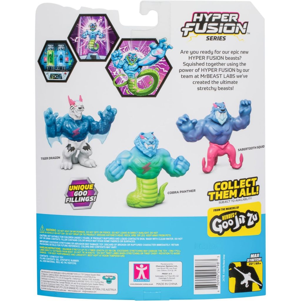 MRBEAST LAB - Hyper Fusion Co Giãn Hero, Sabretooth Squid, 5 Inch (12.7CM) Goo Filled Hình Đứng, Kéo Dài Đến 3 Lần Kích Thước, Thu Thập Tất Cả 3; Cobra Panther, Tiger Dragon a