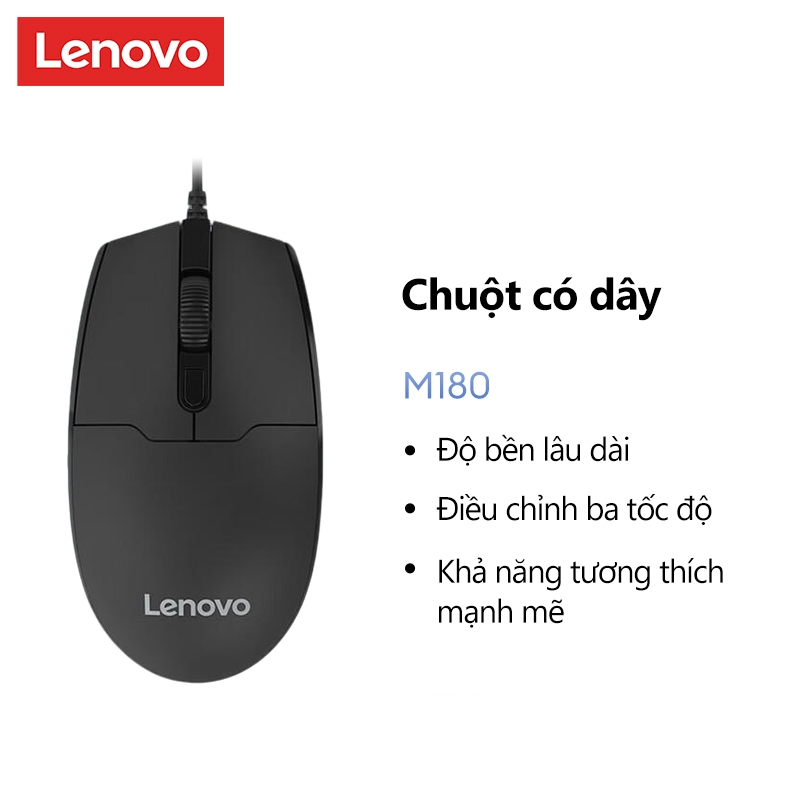 Chuột có dây USB Lenovo M180 Chuột quang 800 / 1200 / 1600 DPI cho máy tính xách tay
