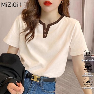 [MIZIQI] Áo thun ngắn tay giả hai mảnh cổ chữ V dành cho nữ, Áo thun nữ nửa tay dáng rộng màu tương phản