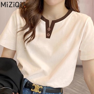 [MIZIQI] Áo thun ngắn tay giả hai mảnh cổ chữ V dành cho nữ, Áo thun nữ nửa tay dáng rộng màu tương phản