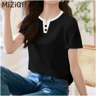 [MIZIQI] Áo thun ngắn tay giả hai mảnh cổ chữ V dành cho nữ, Áo thun nữ nửa tay dáng rộng màu tương phản
