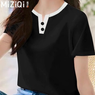 [MIZIQI] Áo thun ngắn tay giả hai mảnh cổ chữ V dành cho nữ, Áo thun nữ nửa tay dáng rộng màu tương phản