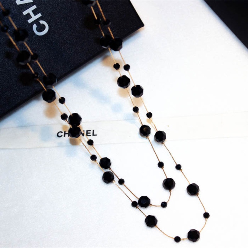 Vòng cổ đính cườm pha lê màu đen, thiết kế layering trendy, phụ kiện thời trang dành cho nữ