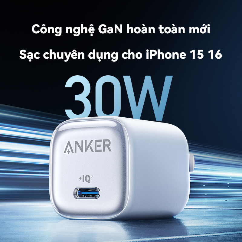 【Bảo hành 18 tháng】  Anker Zolo Củ sạc nhanh PD 30W/20W  GaN PD IQ 3.0 Chân gập gấp gọn tiện lợi Sạc Nhanh Không Nóng 1 cổng Type-C cho iphone A2698/A2699