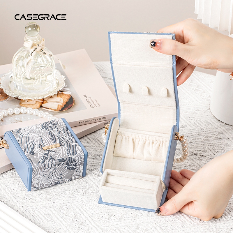 CASEGRACE Du Lịch Hộp Trang Sức Organzier Với Ngọc Trai-Strap Hộp Trang Sức Cho Bông Tai Vòng Cổ Nhẫn Hộp Quà Tặng